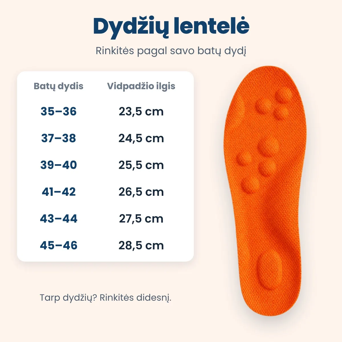 Vidpadžių dydžių lentelė
