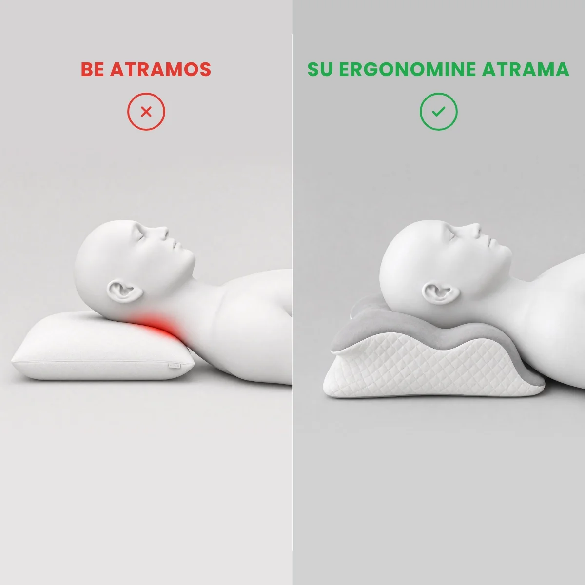 Pagalvė be atramos ir su ergonomine atrama