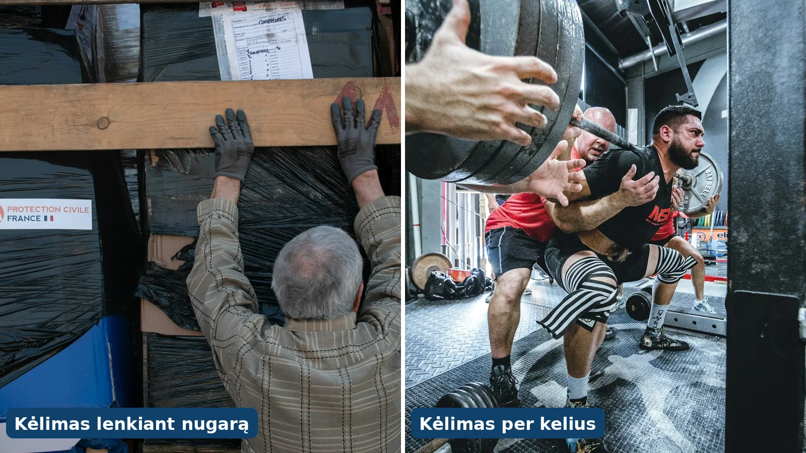 Du krovinio kėlimo būdai: lenkiant nugarą ir tiesiant kojas