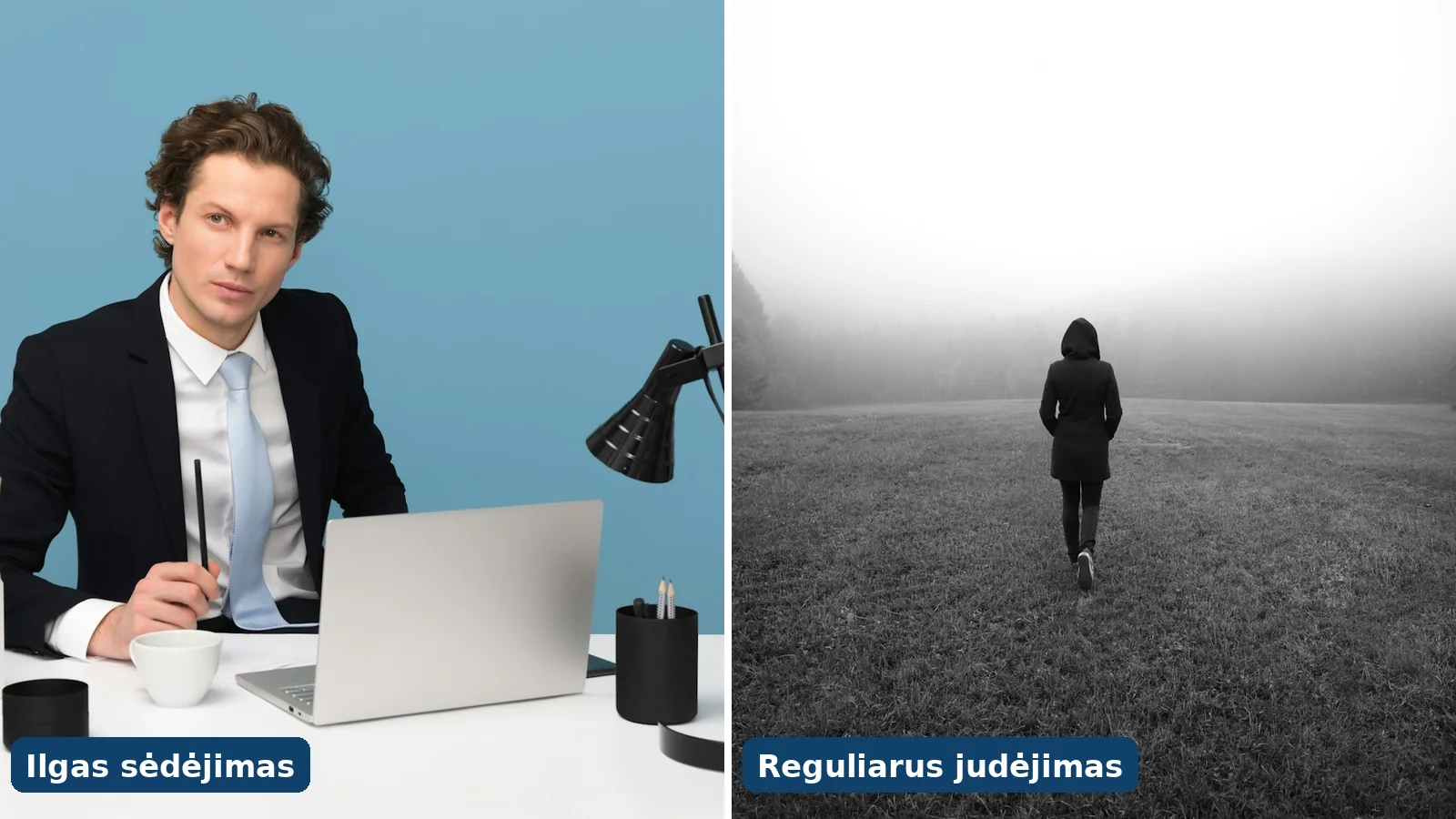 Susikūprinęs sėdintis vyras ir žmogus, einantis lauke