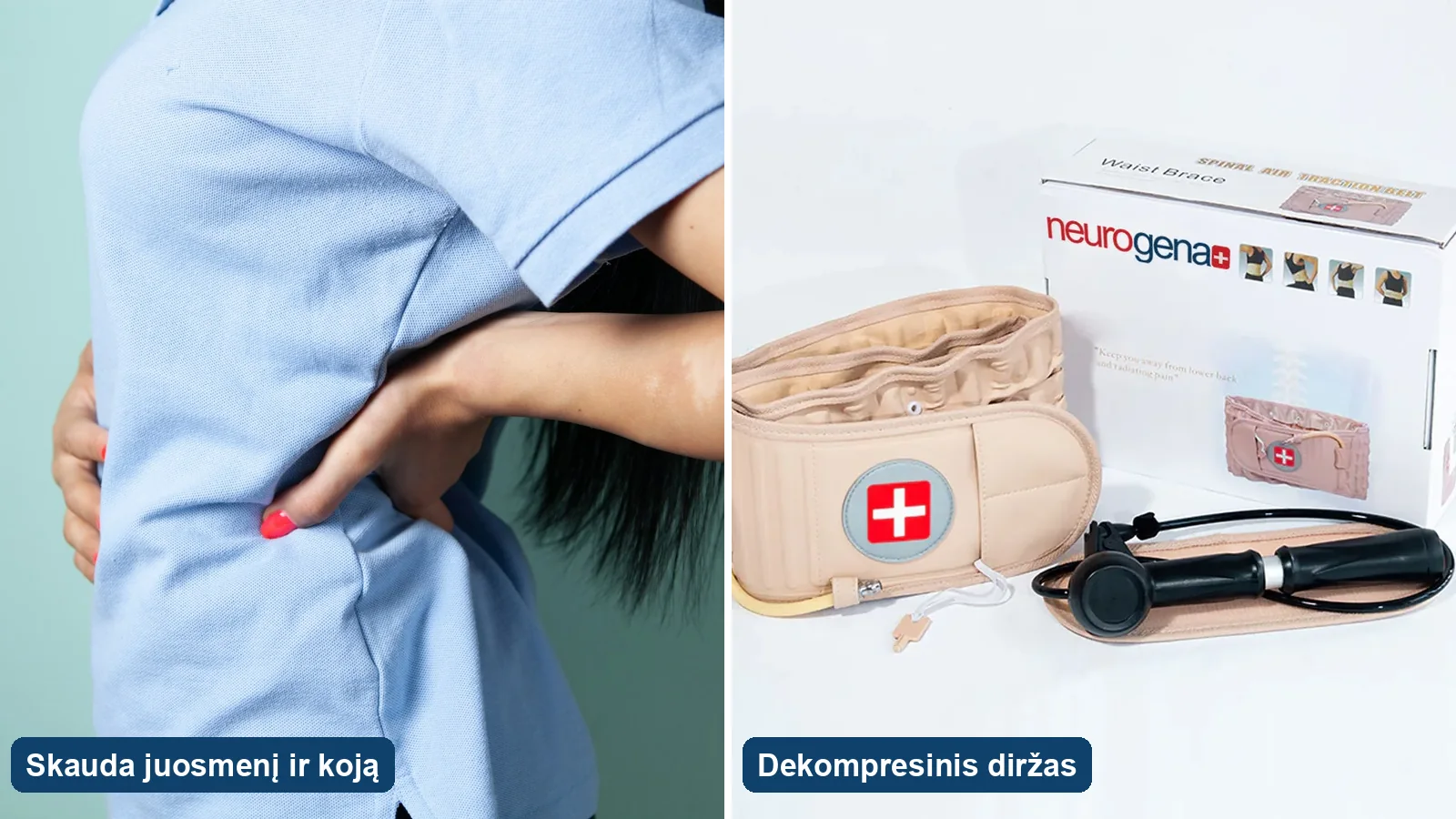 Moteris laiko ranką ant skaudančios apatinės nugaros dalies – sėdimojo nervo skausmas prasideda juosmenyje ir plinta į koją