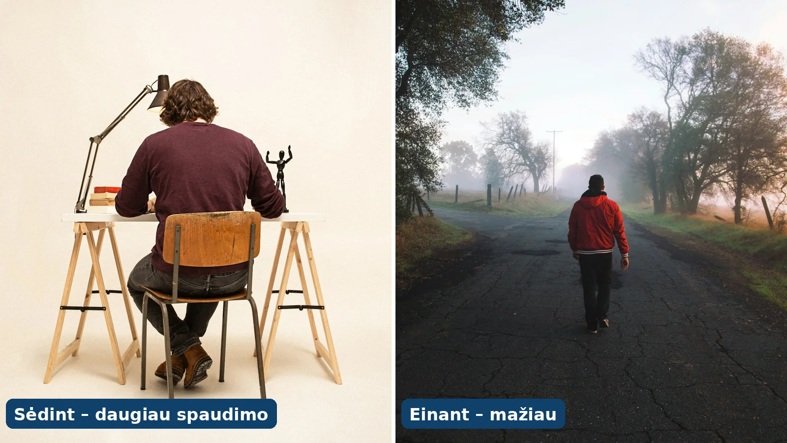 Susikūprinęs sėdintis vyras ir vyras, einantis lauke